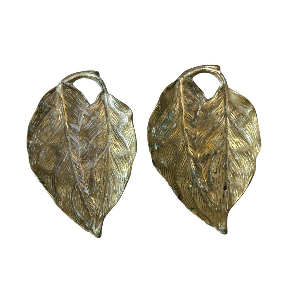 Vintage 1950's Brass 2 Leaf Trinket Ring Dish 5.625" Long Set of 2